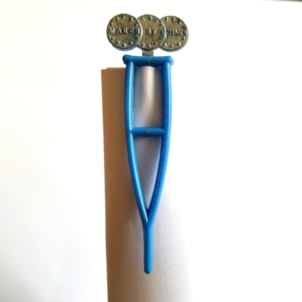Vintage March of Dimes crutch clip pin blue plastic